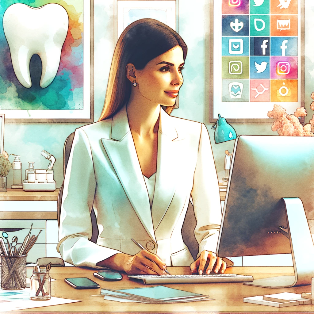 DALL·E 2024-01-22 16.52.40 - Create an image of a female Dental Social Media Manager in a more subdued, less colorful watercolor style. The woman is dressed in elegant white busin